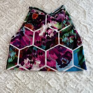 Betsey Johnson Performance High Neckline Longline Sports Bra XS Purple Hexagon